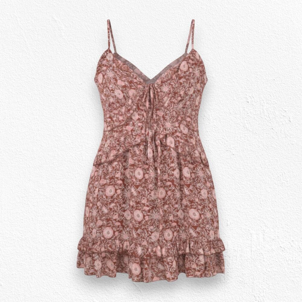 Forever 21 Burnt Orange Pink Floral Boho Ruffle Hem Mini Dress Size Medium